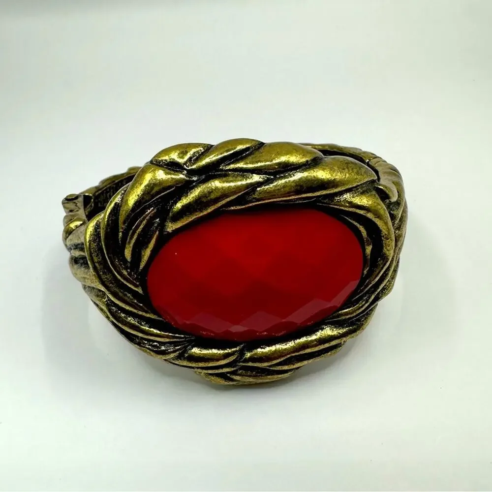 Set of 2 Hinged Faceted Bangle Bracelets Red Black Costume Jewelry Heavy
